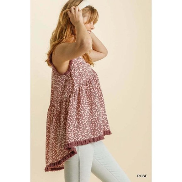 NWT Umgee Rose Animal Print V-Neck Sleeveless Back String Tie & Fringed Top - Picture 3 of 9